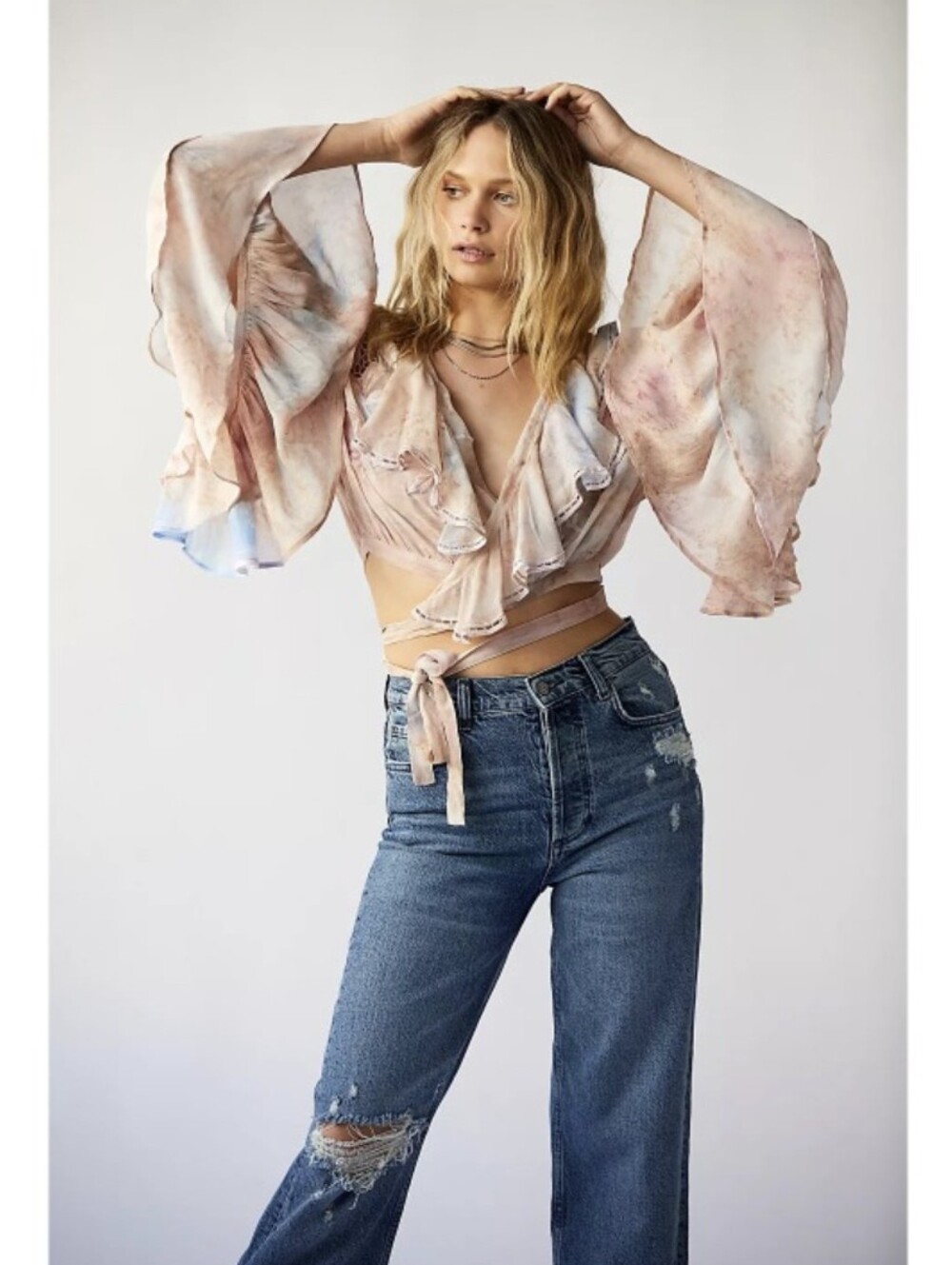 Free People Wild Horses Wrap Top Tie-Front Watercolor Blush Blue Large Bohemian